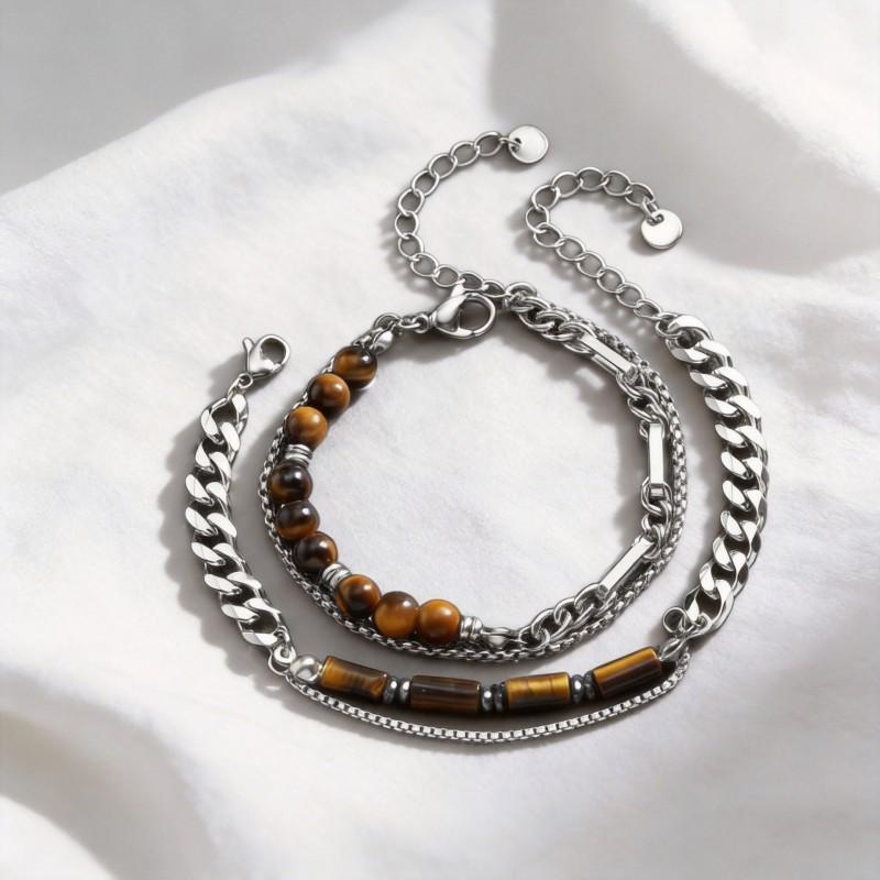 Stainless Steel Irregular Bead Bracelet With Tigers Eye Stone Geometric Design Unisex Fashion Jewelry