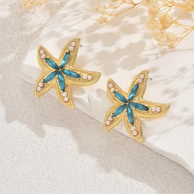 2025 New Wind Women's Earrings Personalized Starfish Inlaid Gemstone Design Ocean Wind Stud Earrings Versatile