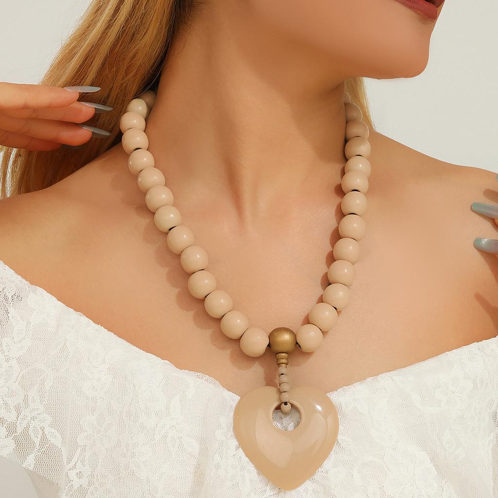 Wooden Beaded Summer Necklace Women Stretch Chain Geometric Pendant Decoration