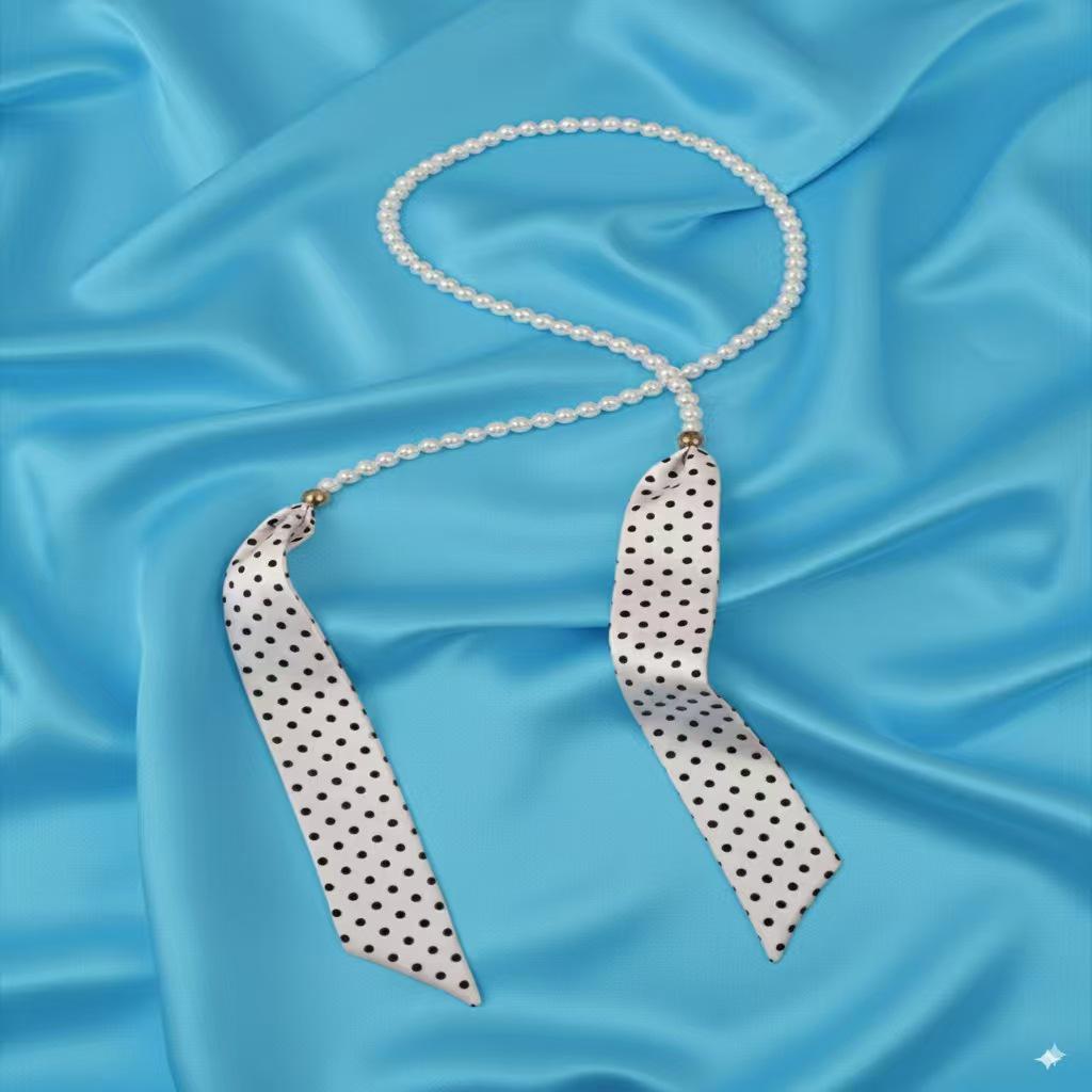 Корейский ретро шелковый шарф в горошек и жемчужное ожерелье - аксессуар на ключицы белый