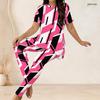 Women Plus Size Striped Printed Round Neck Short Sleeve Two Piece Set Long Top And Fitted Pants