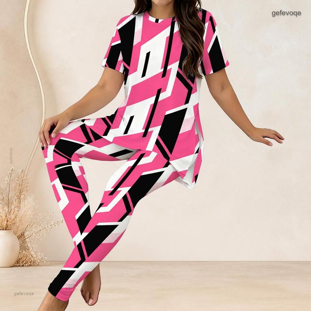 Women Plus Size Striped Printed Round Neck Short Sleeve Two Piece Set Long Top And Fitted Pants