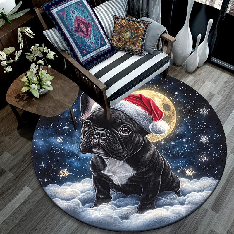Christmas French Bulldog Round Area Rug,Carpet Rug for Living Room Bedroom Sofa Playroom Decor,Non-slip Floor Mat