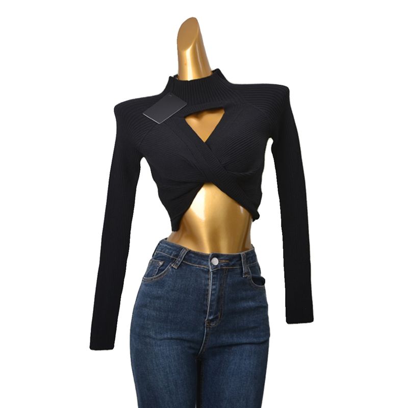 Export Fashion Cards Sexy Midriff-Baring Long Sleeve Knitwear Fashion Sexy Cut Out High Elastic Half Turtleneck Short Tops