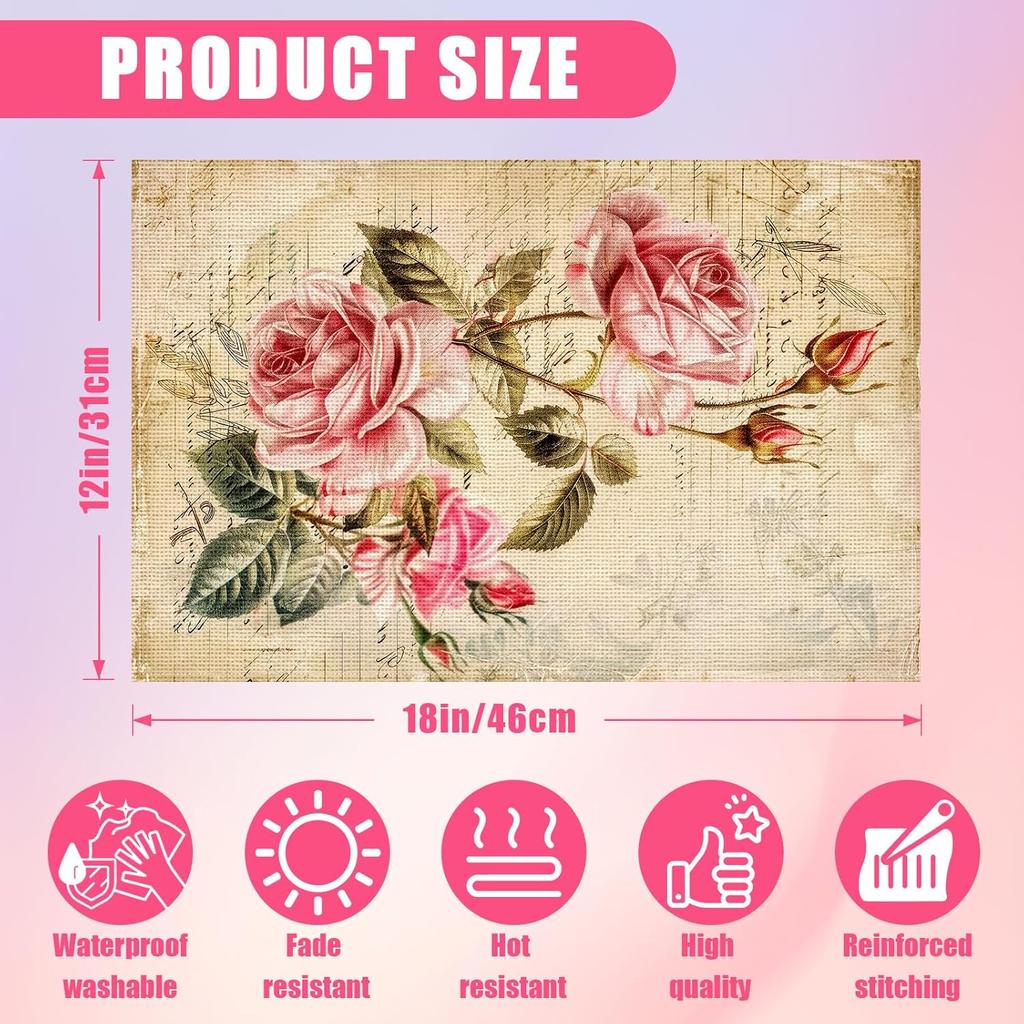 Vintage Rose Placemats Set of 6,12x18 Inch Spring Floral Linen Place Mat Washable Stain Resistant Table Mats