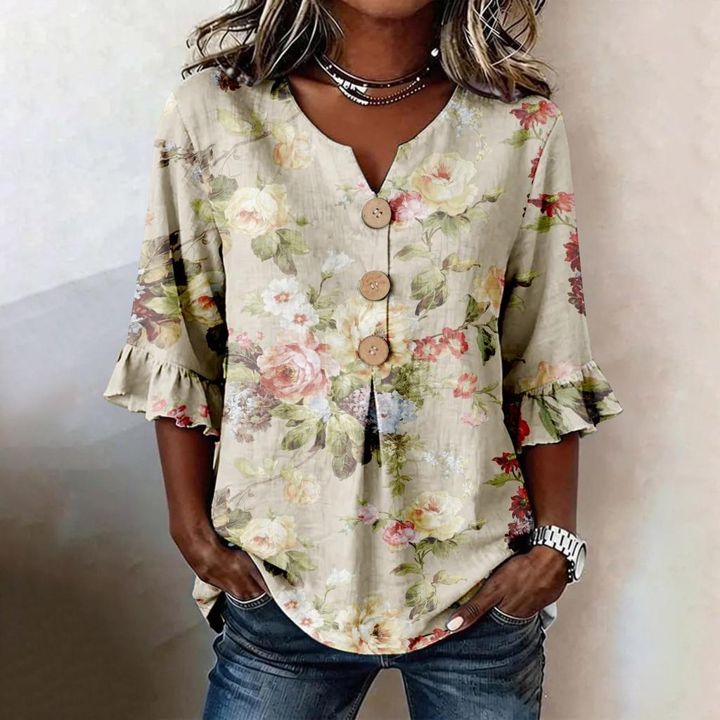 Women V Neck Floral Print Button Loose Fit Ruffle Sleeve Blouse Casual Comfortable Top for Daily Wear Office Travel