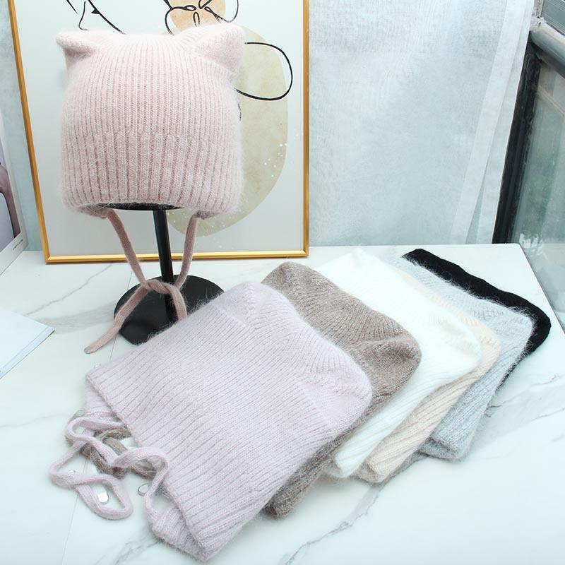 High-quality Cute Ear Protection and Warm Cat Ears Rabbit Hair Knitted Hat Autumn and Winter Double-layer Thickened Lace-up Windproof and Cold-proof