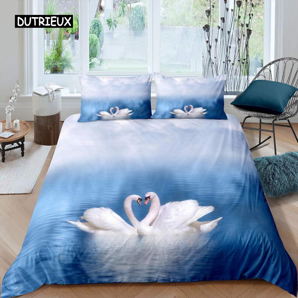 Swan Duvet Cover Black and White Swan Duvet Cover Queen Bird Comforter Cover Microfiber Romantic Flower Wild Animals Quilt Cover