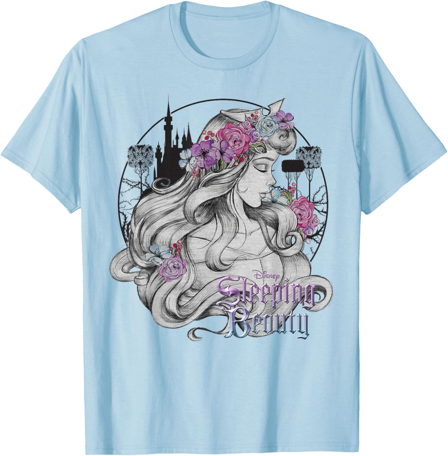 Fashion Casual Disney Sleeping Beauty Floral Sketched Portrait T-Shirt S-4XL Summer XXL baby голубой