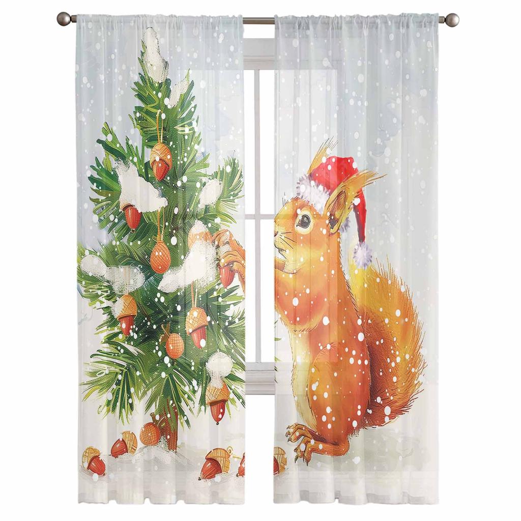 Christmas Tree Squirrel Snowflake Watercolor Sheer Curtains Modern Gauze Curtain for Living Room Bedroom Voile Yarn Curtains