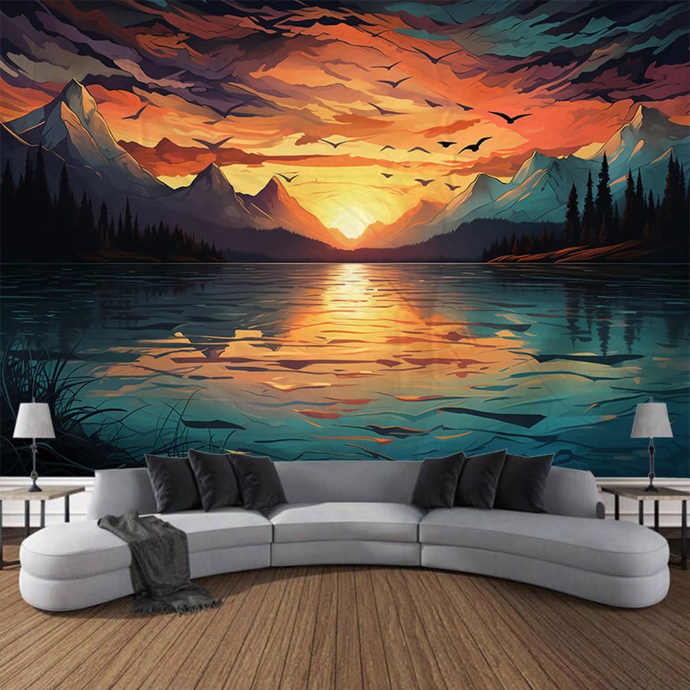 Colorful Landscape Illustration Tapestry Wall Art Decoration Dreamy Forest Mountain Bedroom Living Room Hippie Home Decoration