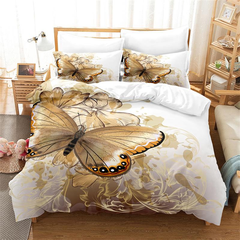 Butterfly King/Queen Size Bedding Sets for Women Golden Butterfly Black Duvet Cover Flower Butterflies Polyester Quilt Cover