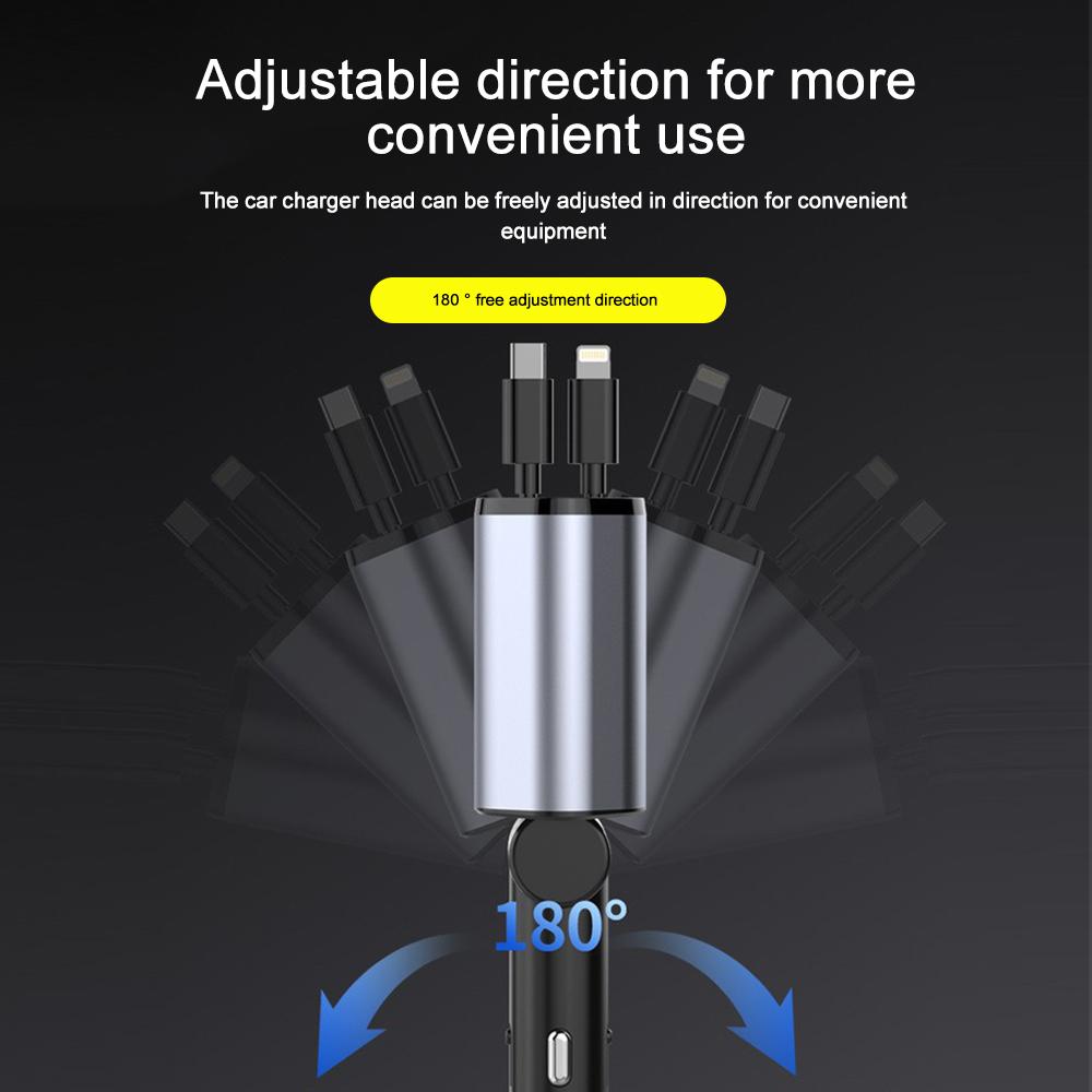 120W Car Charger USB Type C Fast Charge Adapter with Voltage Display 4 In 1 Retractable Cable Phone Car Charger for IPhone Huawei Samsung