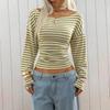 Nuova T-shirt a righe a maniche lunghe da donna, con scollo rotondo, spalle scoperte e vita stretta, top a tracolla per Europa America