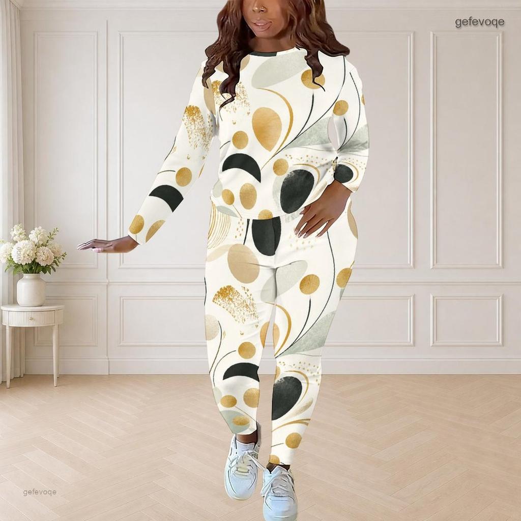 Women Plus Size Round Neck Long Sleeve Floral Printed Top And Fitted Pants Two Piece Set