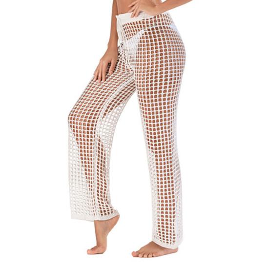 Beach Pants Sexy Hollow Out Polyester Crochet Net Women Cover Up Pants for Vacation