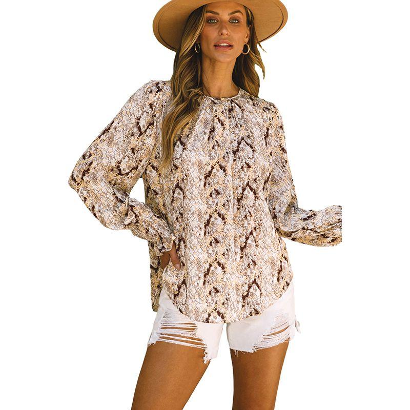 

Fall 2024 New Arrival Stylish Snakeskin Print Long Sleeves Pullover Women Fashion Fashion Loose Gradient Long Sleeves Tops Brown Size XL fit (70.00 kg-75.00 kg