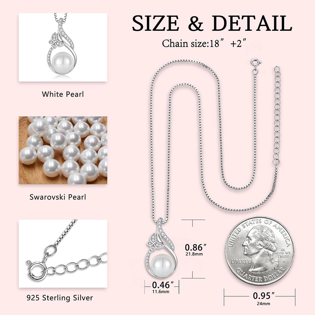 925 Sterling Silver Butterfly Pearl Pendant Cubic Zirconia Imitation Pearl Box Chain Pendant Fine Jewelry