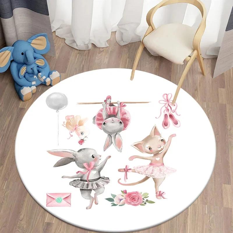 Cartoon Bunny Print Round Carpet Rabbit Area Rugs Circle Carpets for Living Room Floor Mat Polyester Anti-Slip Mats for Children