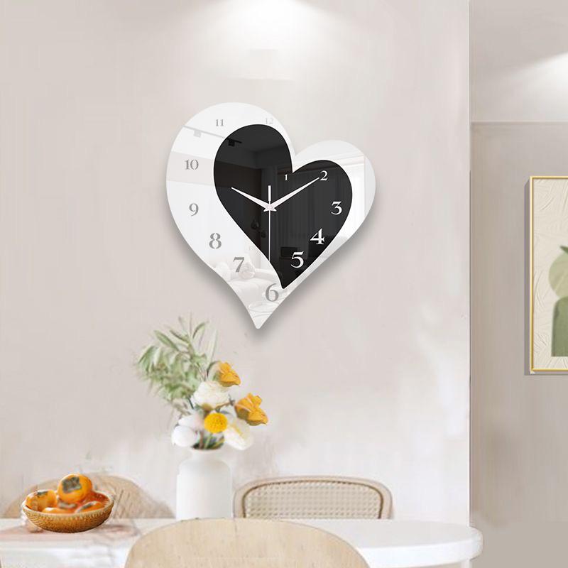 Mirror Love Wall Clock Black and White Silent Frameless Design Clock Suitable for Anniversary and Valentine's Day