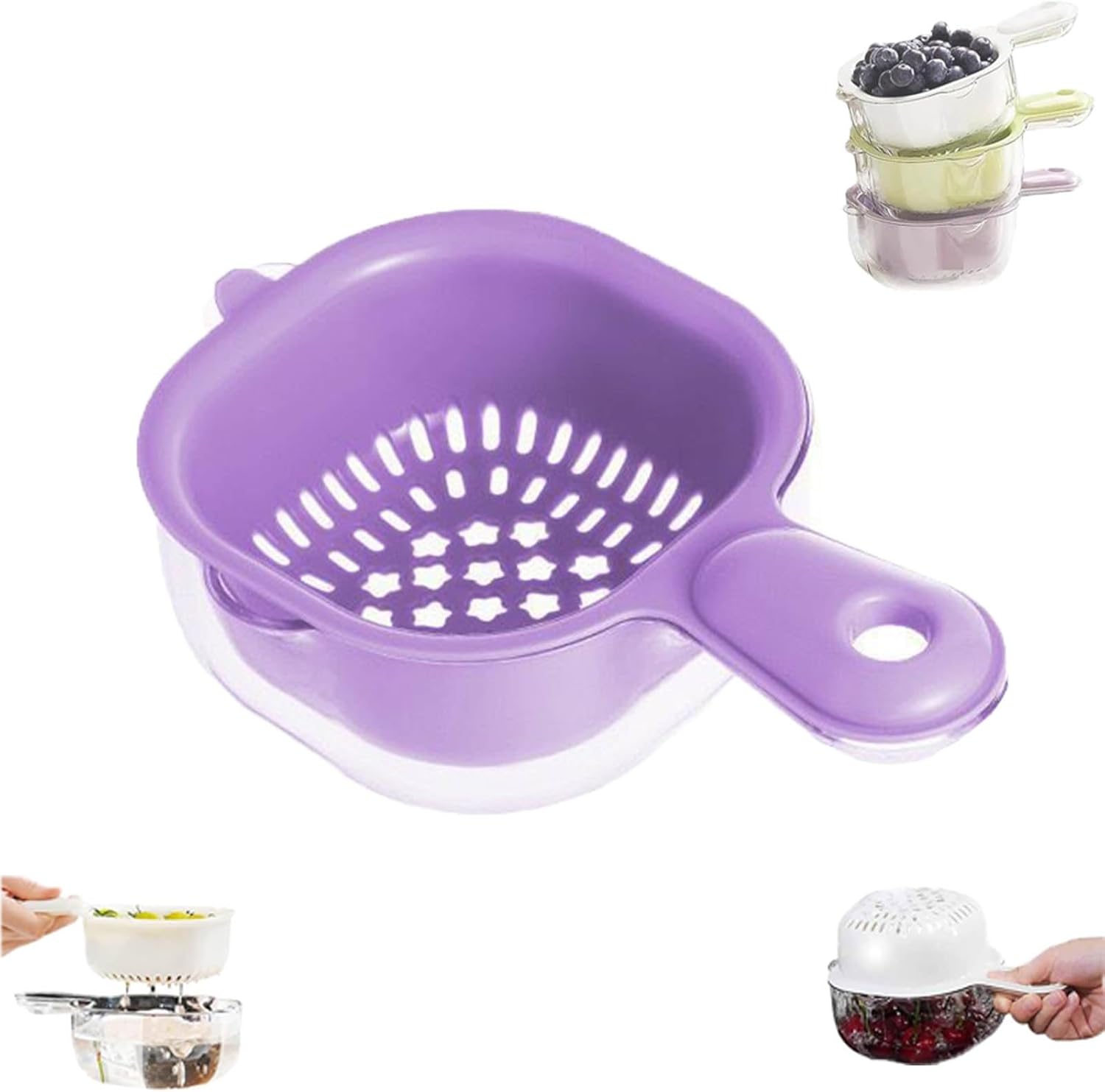 2 In 1 Rotatable Food Draining Basket with Handle Fruit Strainer Colander for Washing Berries Salad Vegetable BPA-free Durable