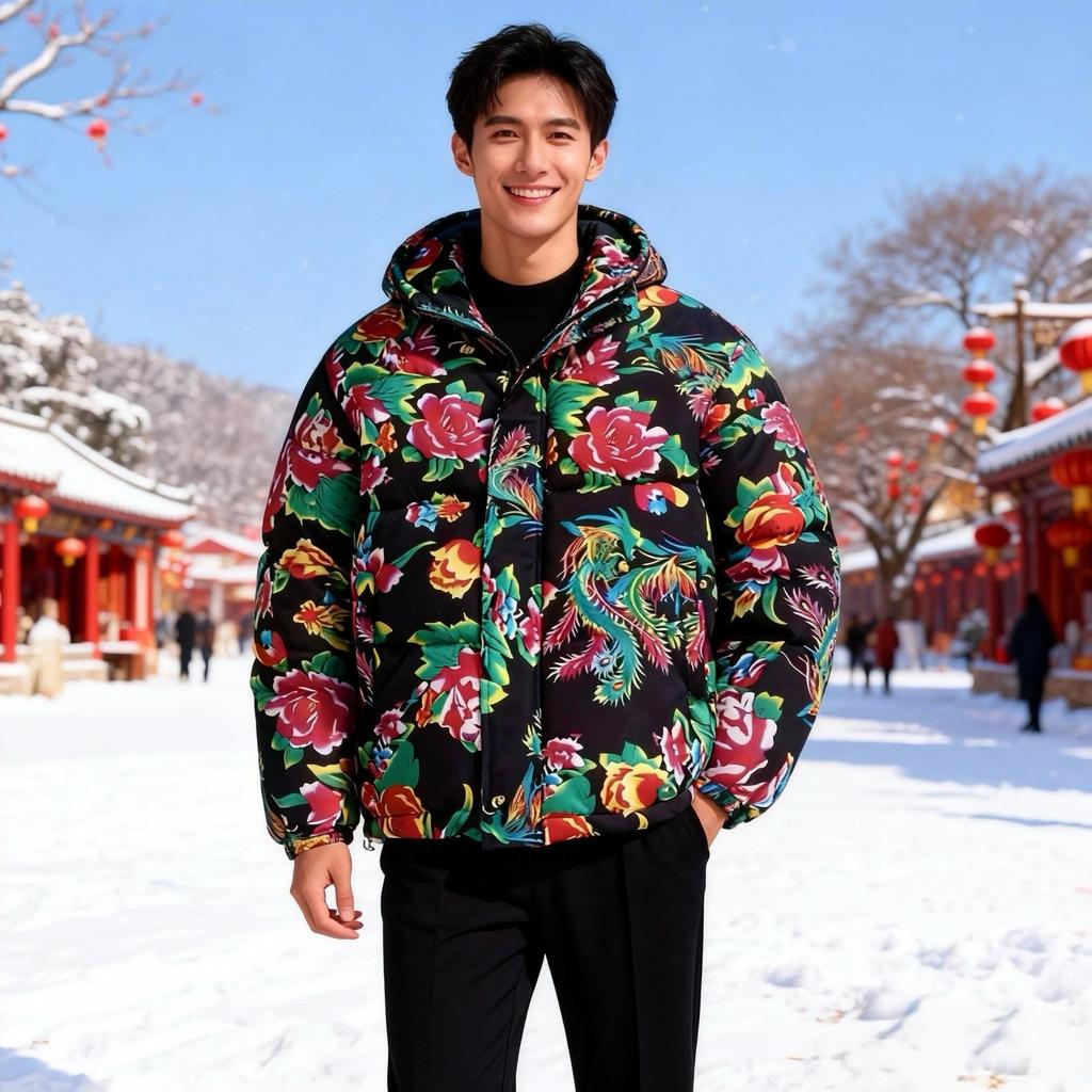 Northeast Floral Men's Winter Jacket: Chinese-Style Peony Design, Thickened Cotton-Padded Outerwear for Couples
