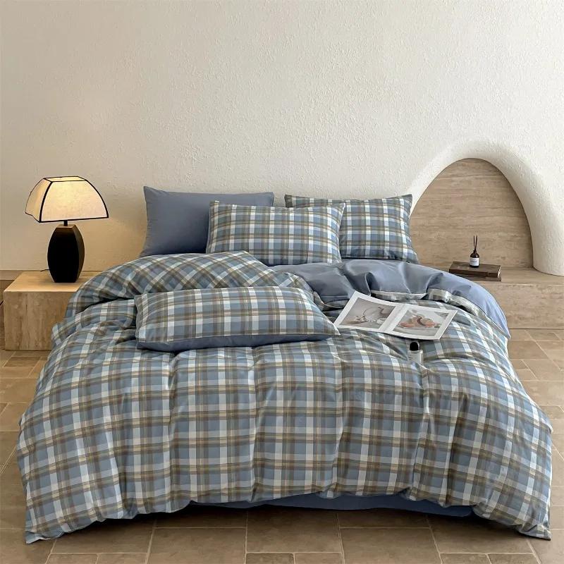 

New cotton dyed washed cotton four-piece set pure cotton lattice series student dormitory three-piece set 1.2m sheet 3pcs