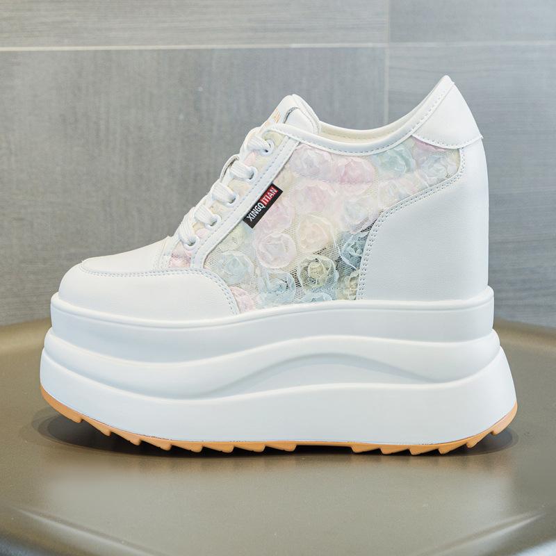 New autumn breathable wedge heel women's shoes lace mesh cm thick sole inner height increase casual white shoes