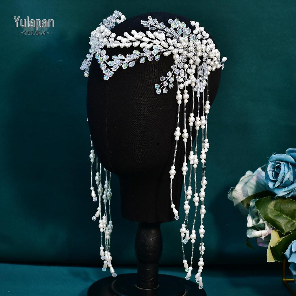 Yula Pan Bridal Crystal Hairband with Pearl Tassels and Mori Style Forehead Headdress (HP980)