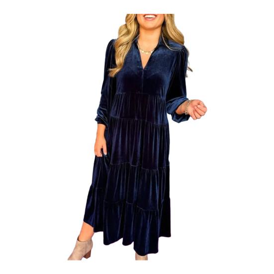 

2024 Женское платье миди в стиле пэчворк, трапециевидной формы, со свободным подолом, длинным рукавом, V-образным вырезом, бархатное, мягкое, теплое, сплошное, однотонное, до середины икры, платье миди 3XL темно-синий