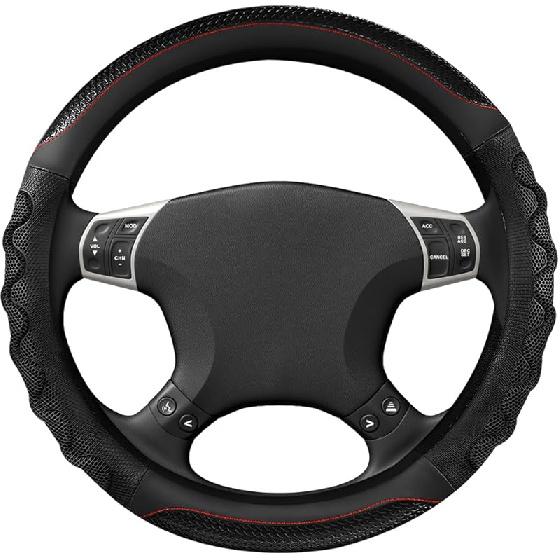 Car Steering Wheel Cover, 15 Inch Leather Round Comfy Grip Steering Wheel Protector, Anti-Slip Steering Wheel Cover With 3D Honeycomb For Most Black, O-Shaped