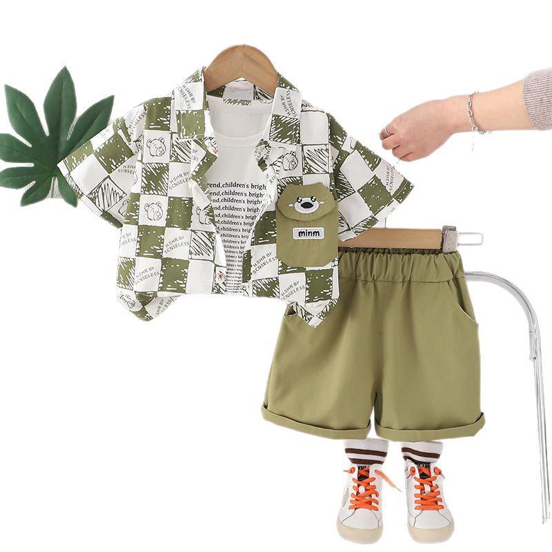 Boys' Summer 2025 Plaid Short Sleeve Shirt & Shorts 3-Piece Set