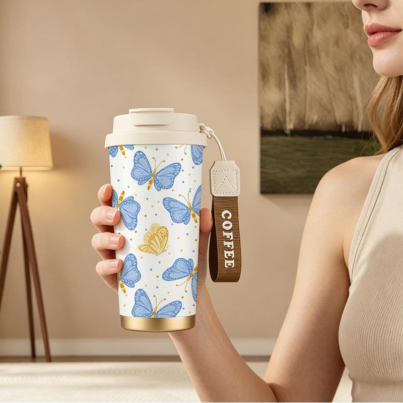 532ml Coffee Mug Butterfly Dot Element Lanyard Insulated Cup Stainless Insulated Cup Lightweight Cup Commute Coffee Cup Car Cup 532ml Coffee Mug