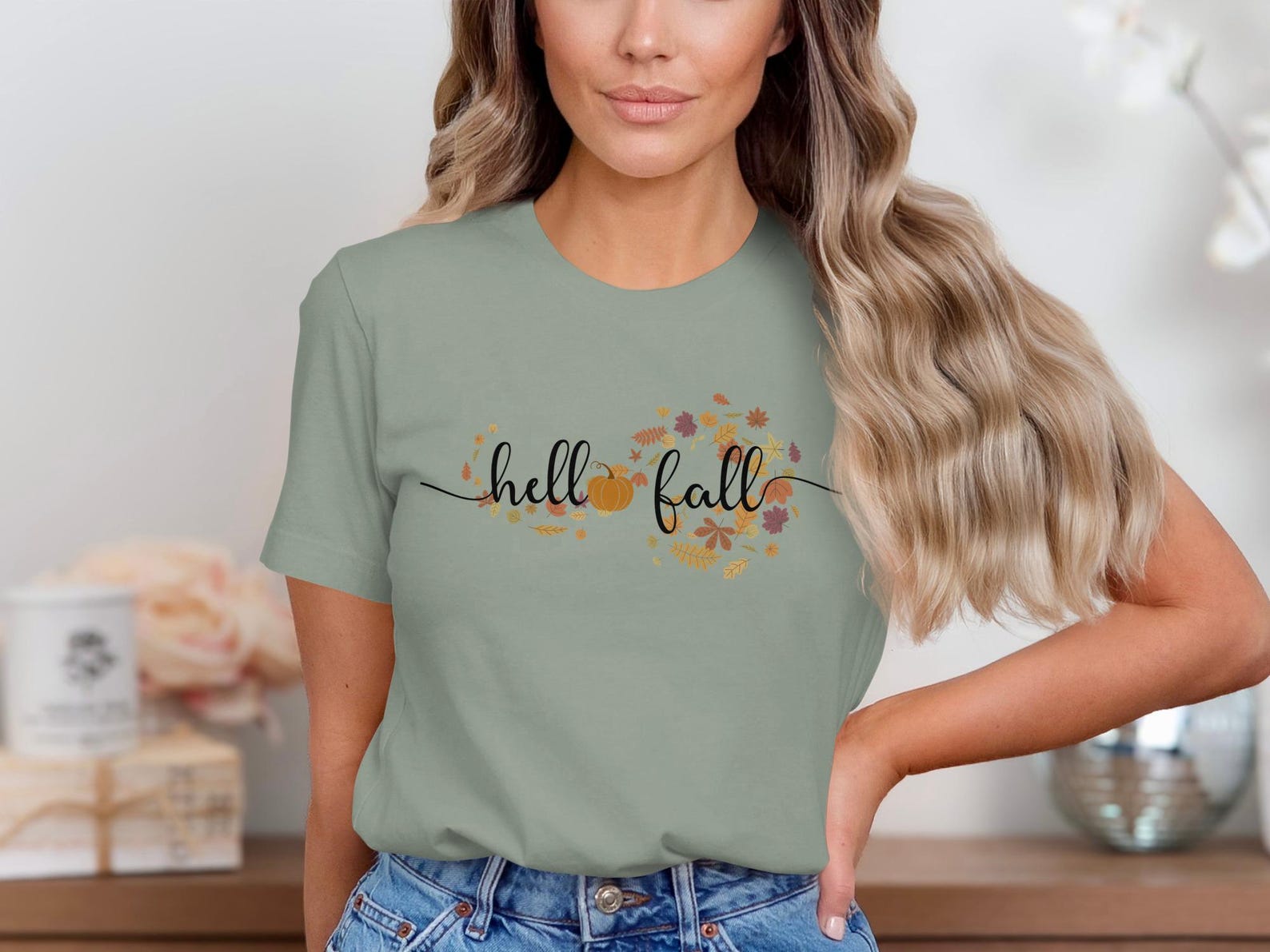 Hello Fall Pumpkin T-Shirt, Autumn Leaves Graphic Tee, Cozy Harvest Season Top 4XL