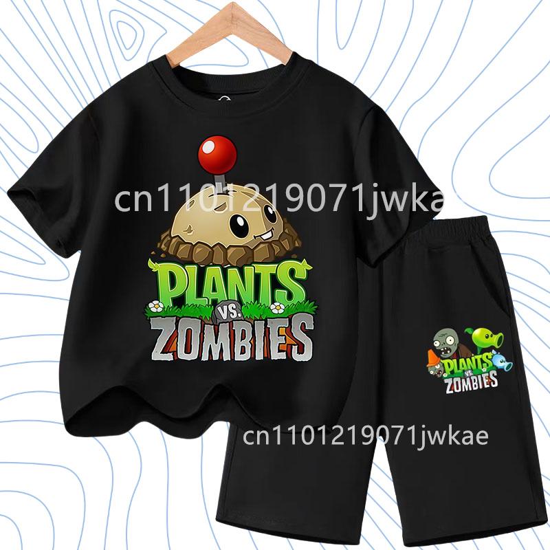 Kids Street Fashion Boys Girls T Shirt Set Plants Vs Zombies Cute Print 2026 Summer Casual Daily Wear 3-12 Age Shirt Suit
