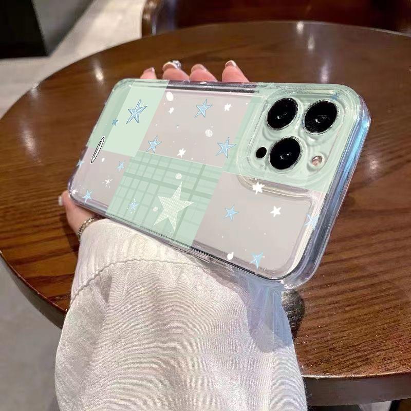 Cute Plaid Star Clear Phone Case for iPhone 17 16 Plus 15 Pro Max 14 Pro 13 12 11 17 Air 16E X XR XS 7 8 Plus Shockproof Cover