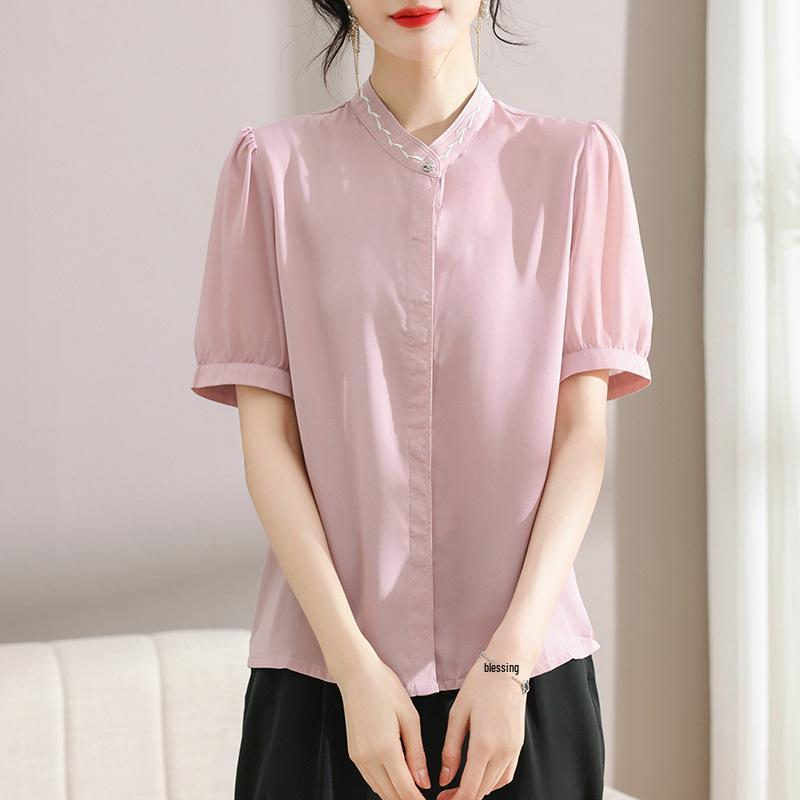 

Summer Style Chiffon Shirt: Short-Sleeved, Loose Casual Top for Middle-Aged Women, Versatile & Comfortable XL рожевий
