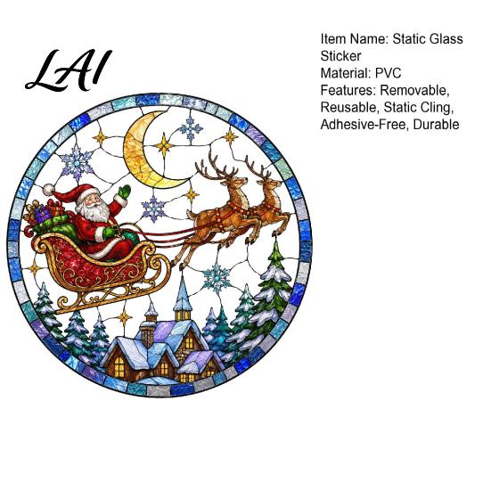 Christmas Window Decals Santa Sleigh Suncatcher Style Static Glass Cling Stained Festival Atmosphere Cling Sticker