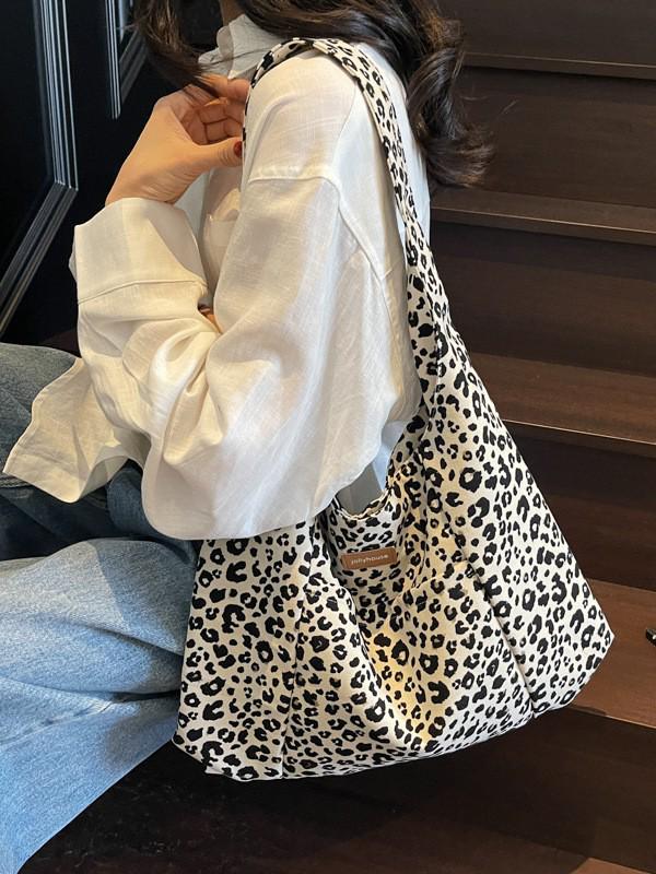 Leopard Print Corduroy One-Shoulder Tote Bag - Versatile, Large Capacity, and Fashionable