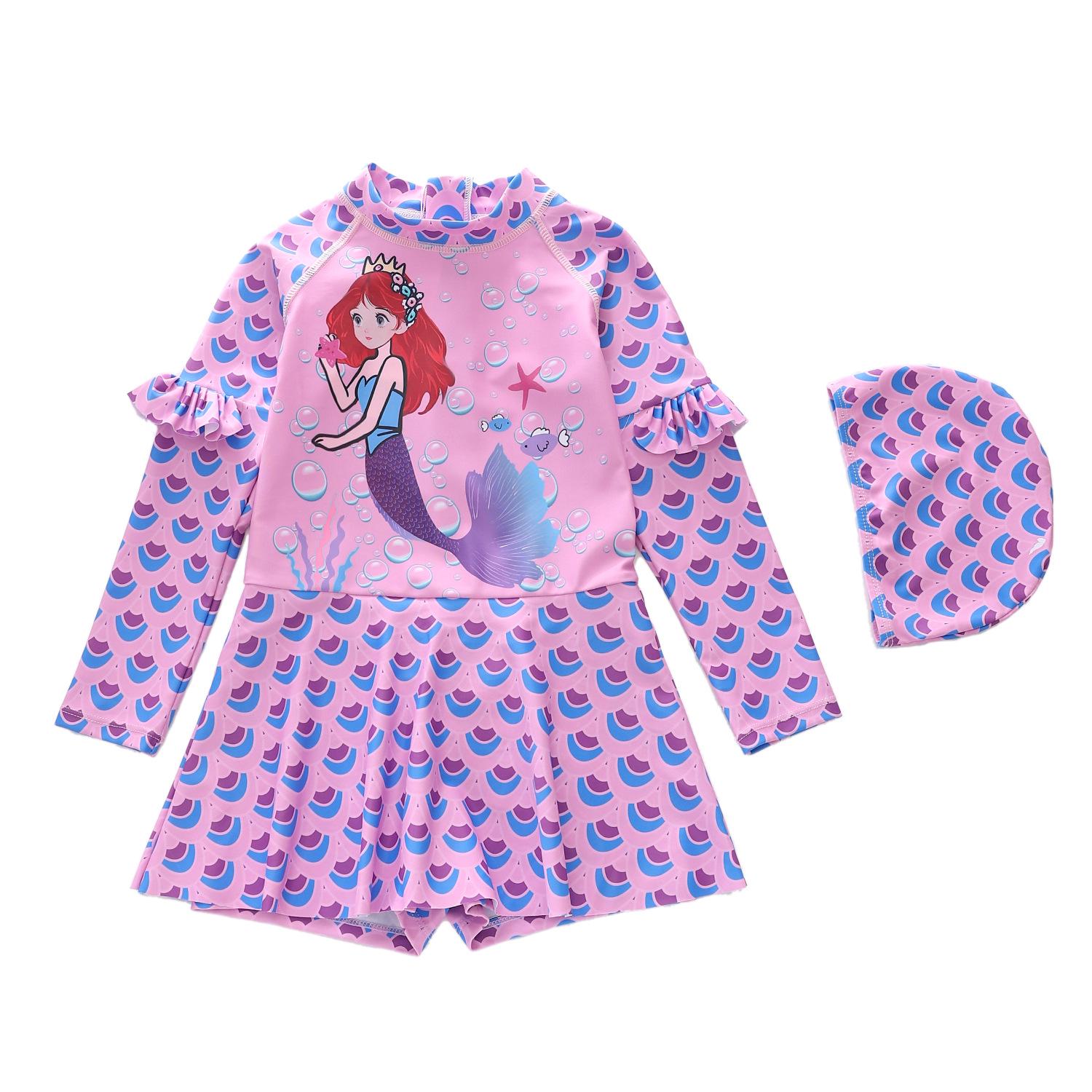 

Girls Mermaid Scales Long Sleeve One-Piece Swimsuit 3XL (120-130cm, 47-55kg)
