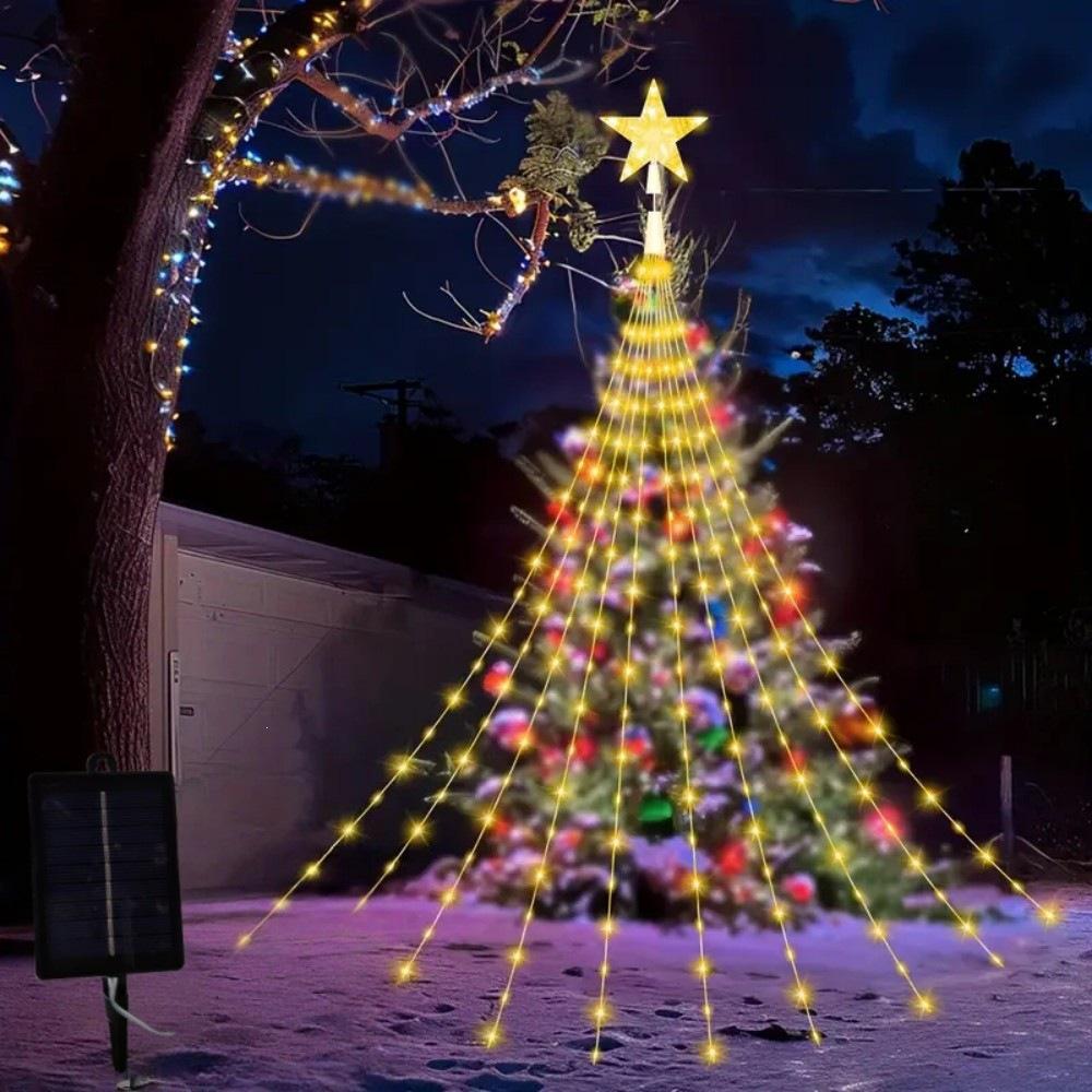 Solar LED Christmas Tree Waterfall Lights – Waterproof Outdoor Decorative Lights for Festive Courtyard Arrangements