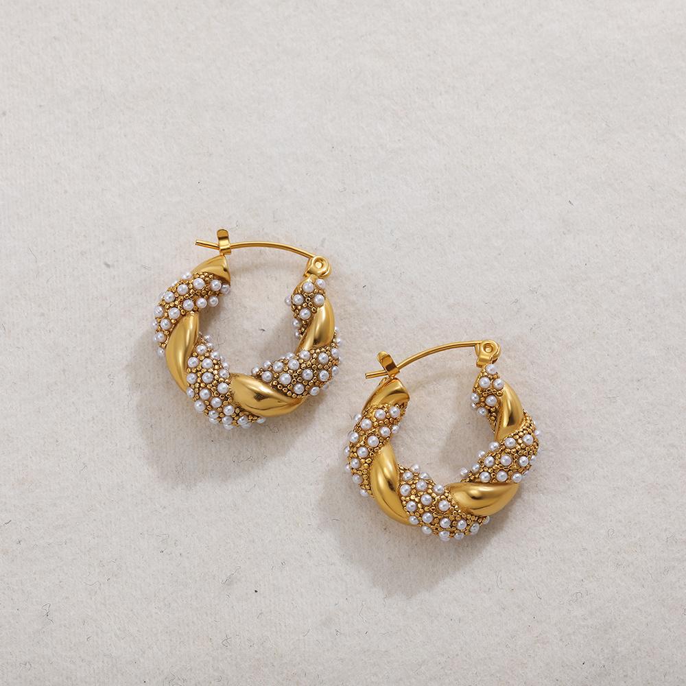 

Vintage Gold Plated Stainless Steel Twist Hoop Earrings for Women Fashion Pearl Zircon Twisted Circle Earring Statement Zircon