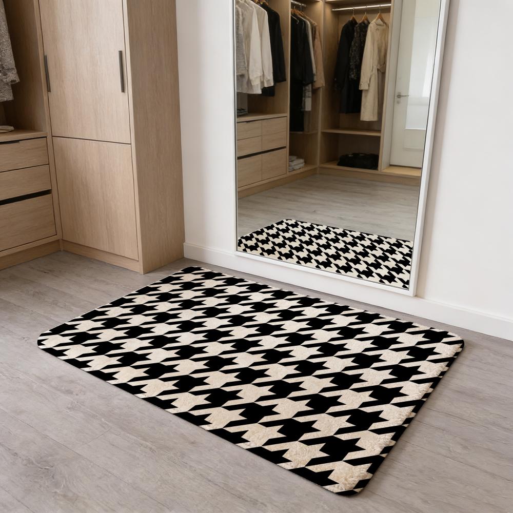 Houndstooth Check Pattern Floor Mat Flannel Door Mat Non-Slip Absorbent Washable Indoor Home Rug