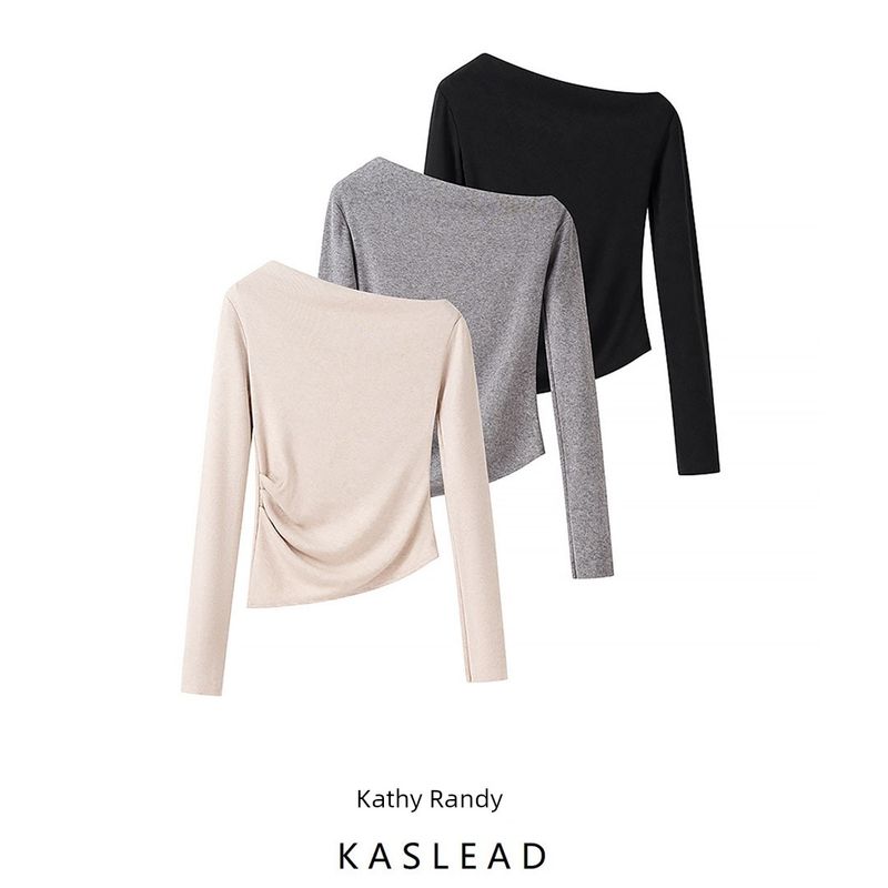 Kaslead New Arrival Women's Clothing Fashion Style Stylish Simple and Versatile Casual Knitting Oblique Shoulder Tops