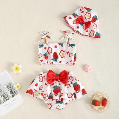 Completo Canotta e Gonna con Cappello a Stampa Fragole per Neonati e Bambini Piccoli - Carino Stile Europeo e Americano