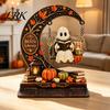 Handcrafted Wood Ghost Gift Swinging On Moon Halloween Decoration, Spooky Reading Ghost/Skeleton Wooden Bookshelf Ornament Creative Craft for