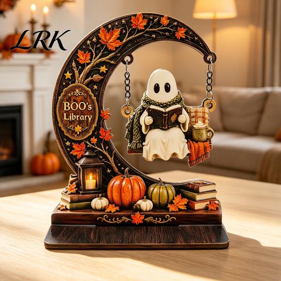 Handcrafted Wood Ghost Gift Swinging On Moon Halloween Decoration, Spooky Reading Ghost/Skeleton Wooden Bookshelf Ornament Creative Craft for