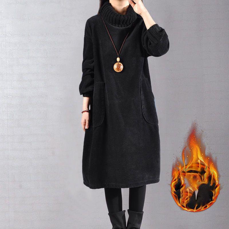 Rochie Fleece Mărime Mare 5XL 140kg Toamnă Iarnă Mânecă Lungă Guler Înalt Culoare Solidă Rochie Talie Lejeră Călduroasă Îngroșată