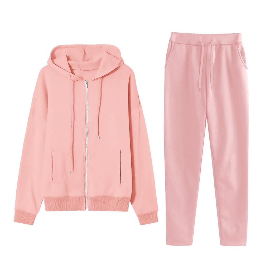 Women's Fashion Solid Color Pullover Casual Fresh Long Sleeve Hooded Sweatshirt Set
