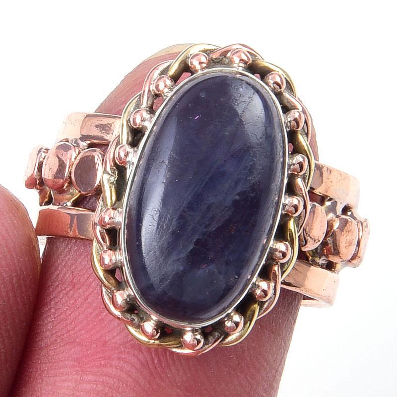 

Natural Iolite Gemstone Handmade 925 Sterling Silver Two Tone Ring Size 6 k5n22